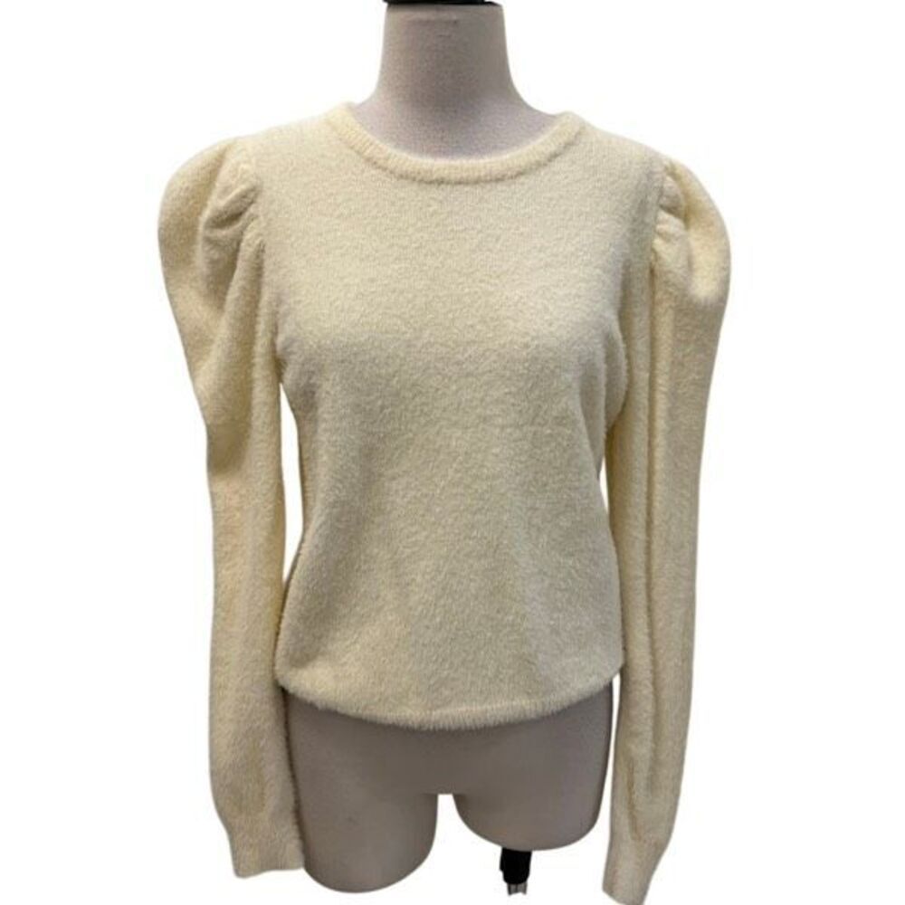 City And Stars Women's Puff Sleeve Crew Neck Pullover Sweater Off White Sz Small
